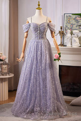Lovely A-Line Tulle Sequins Floor Length Prom Dress, Off The Shoulder Evening Party Dress