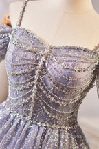 Lovely A-Line Tulle Sequins Knee Length Prom Dresses, Off The Shoulder Evening Party Dresses