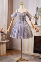 Lovely A-Line Tulle Sequins Knee Length Prom Dress, Off The Shoulder Evening Party Dress