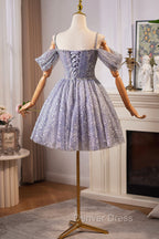 Lovely A-Line Tulle Sequins Knee Length Prom Dresses, Off The Shoulder Evening Party Dresses