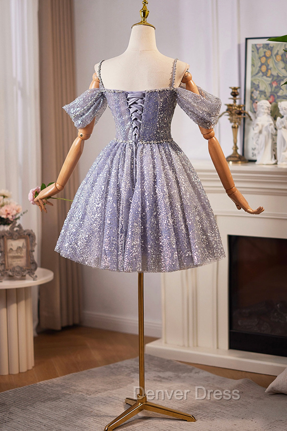 Lovely A-Line Tulle Sequins Knee Length Prom Dresses, Off The Shoulder Evening Party Dresses