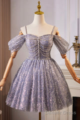 Lovely A-Line Tulle Sequins Knee Length Prom Dress, Off The Shoulder Evening Party Dress