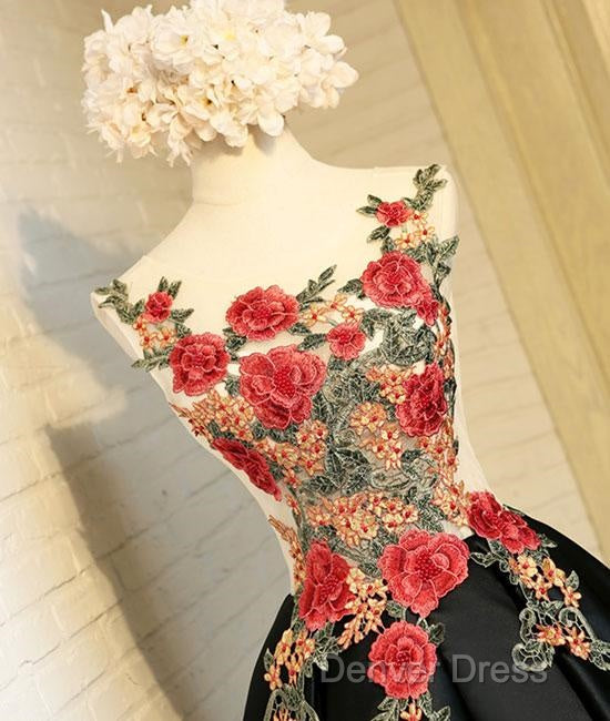 Lovely Black High Low Homecoming Dress With Floral Lace, Prom Dresses