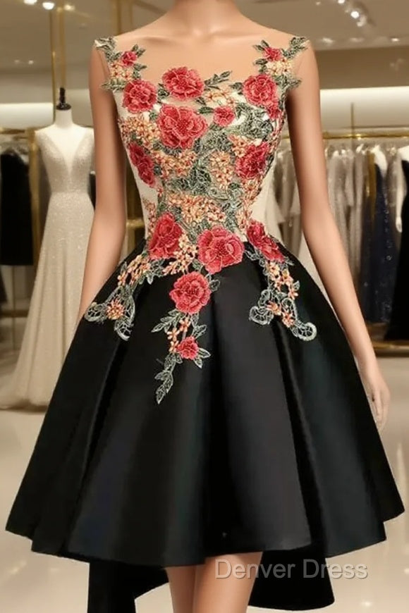 Lovely Black High Low Homecoming Dresses With Floral Lace, Party Dresses Main image