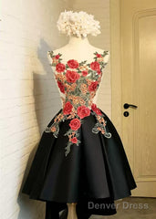 Lovely Black High Low Homecoming Dress With Floral Lace, Party Dress