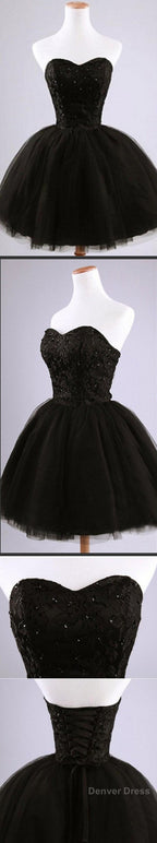 Lovely Black Lace Beads Strapless Sweetheart Juliet Tulle Skirt Mini Homecoming Dresses