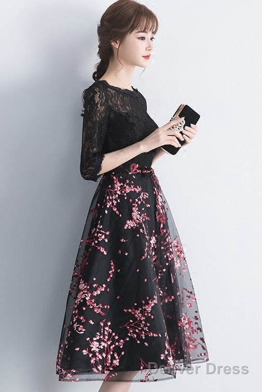 Lovely Black Lace Short Sleeves Floral Tulle Party Dress, Black Party Dress Prom Dress Secondary image
