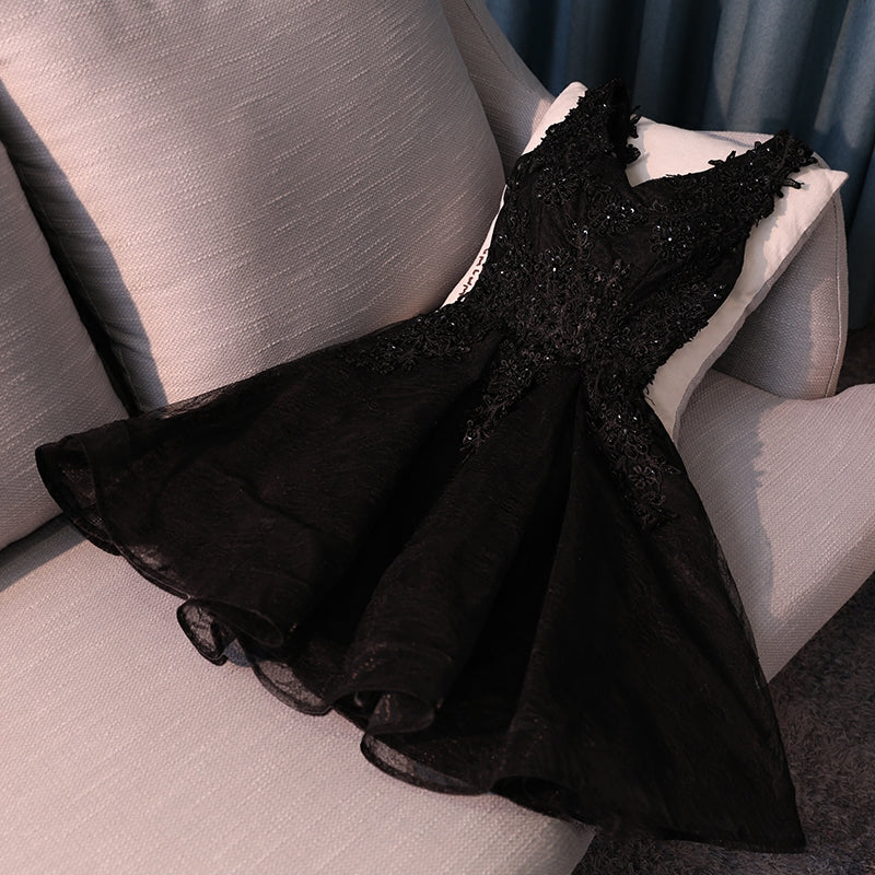 Lovely Black Lace V-Neckline Short Homecoming Dress, Black Prom Dresses