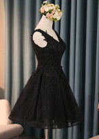 Lovely Black Lace V-Neckline Short Homecoming Dress, Black Prom Dresses