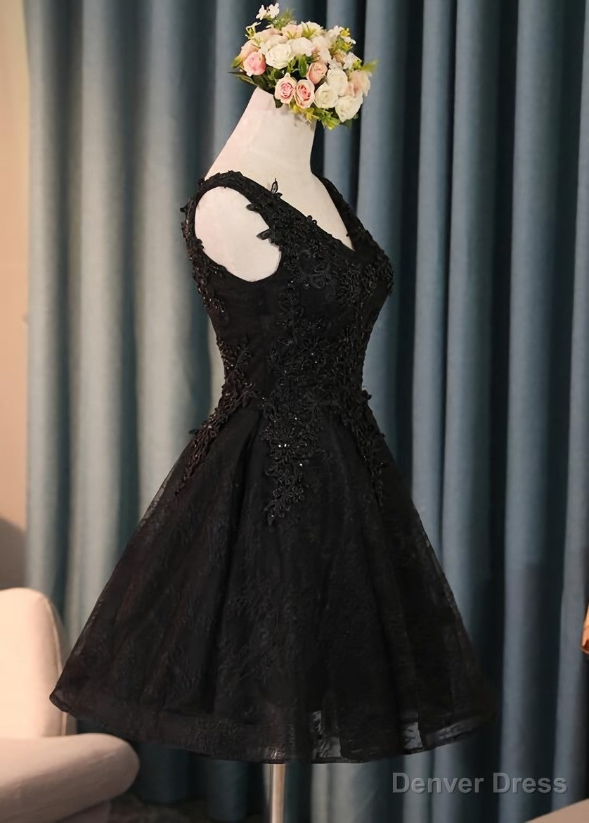 Lovely Black Lace V-neckline Short Homecoming Dress, Black Party Dress