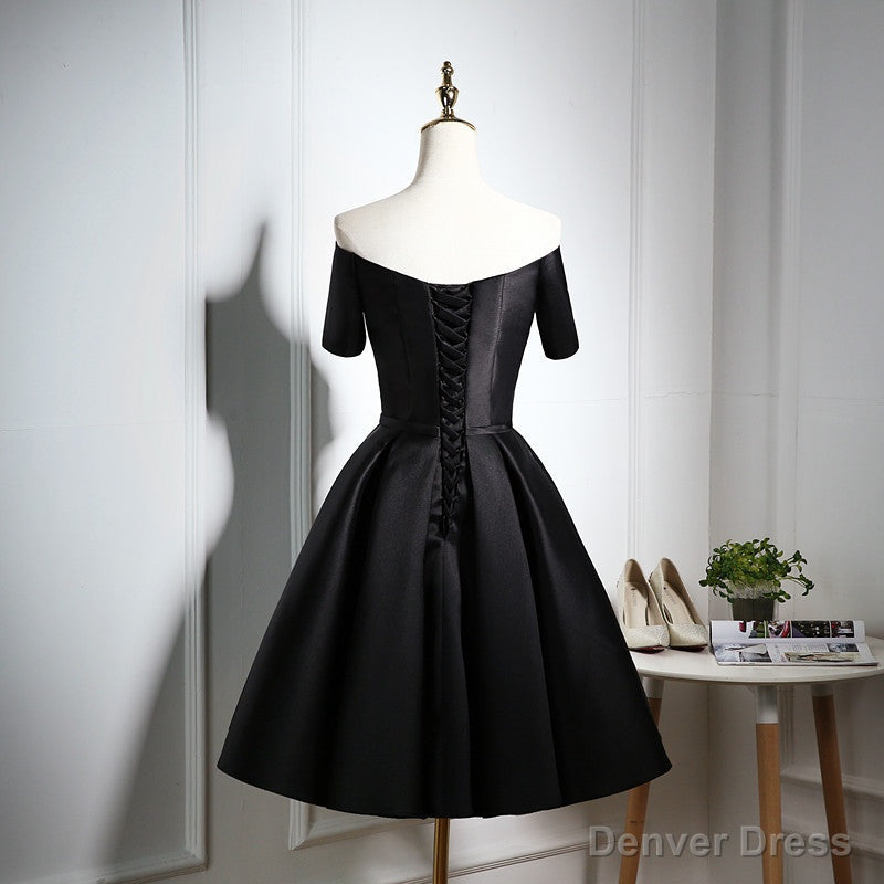 Lovely Black Satin Short Prom Dress, Black Prom Dresses