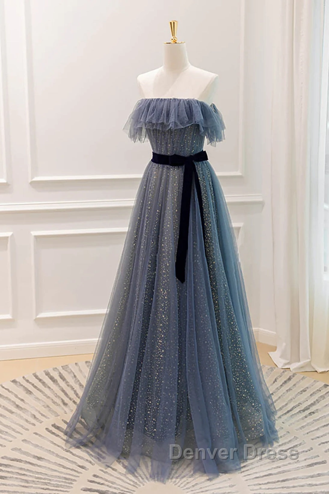 Lovely Blue A-Line Shiny Tulle Sweetheart Party Dresses, Blue Long Formal Dresses Prom Dresses Secondary image