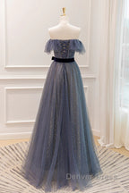 Lovely Blue A-Line Shiny Tulle Sweetheart Party Dresses, Blue Long Formal Dresses Prom Dresses