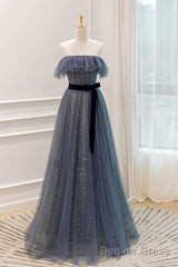 Lovely Blue A-Line Shiny Tulle Sweetheart Party Dress, Blue Long Formal Dress Prom Dress