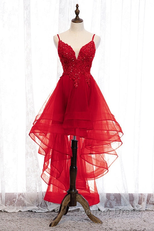 Lovely Blue High Low V-Neckline Straps Party Dresses, New Straps Prom Dresses