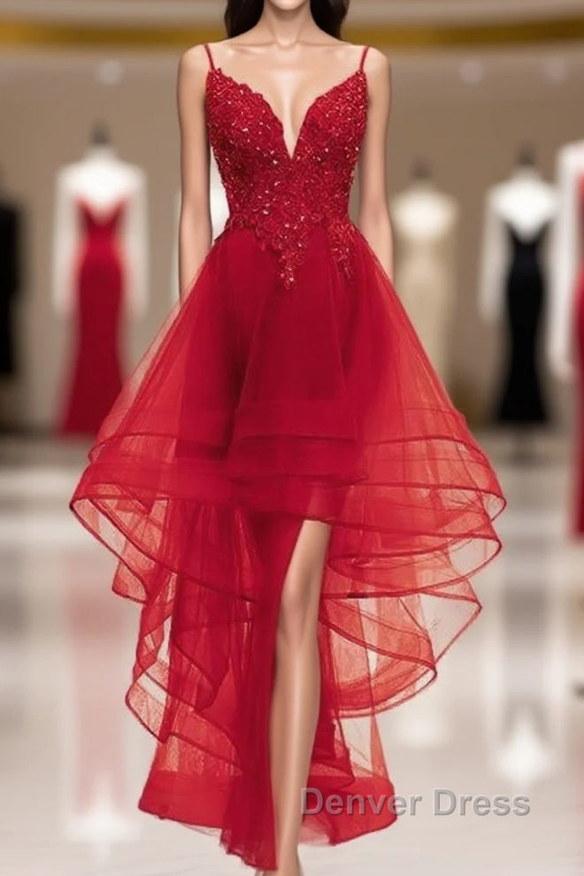 Lovely Blue High Low V-Neckline Straps Party Dresses, New Straps Prom Dresses Main image