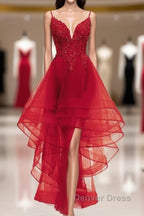 Lovely Blue High Low V-Neckline Straps Party Dresses, New Straps Prom Dresses