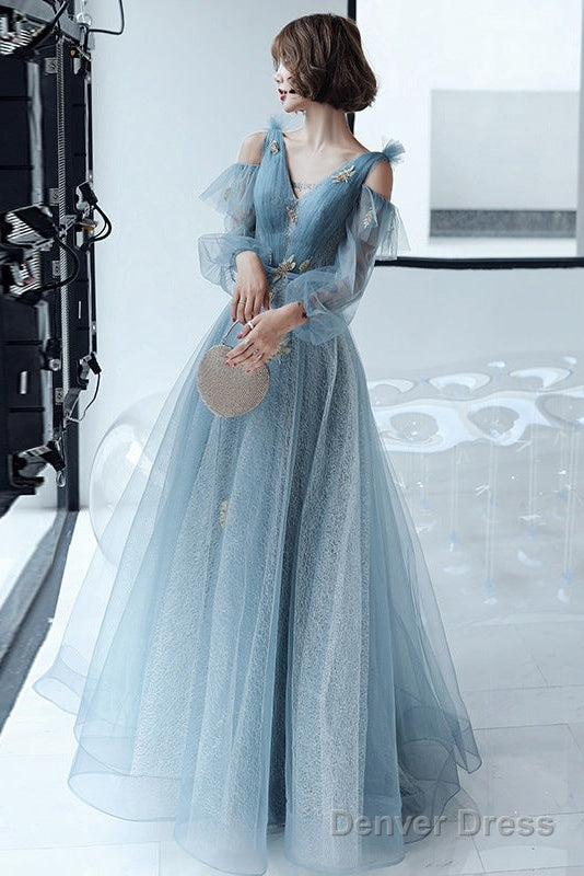 Lovely Blue Long Sleeves Tulle Long Wedding Prom Dress, Blue Prom Dresses Secondary image