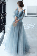 Lovely Blue Long Sleeves Tulle Long Wedding Prom Dress, Blue Prom Dresses