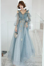 Lovely Blue Long Sleeves Tulle Long Wedding Prom Dress, Blue Prom Dresses