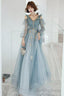 Lovely Blue Long Sleeves Tulle Long Wedding Prom Dress, Blue Prom Dresses