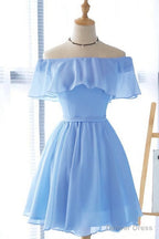 Lovely Blue Short Chiffon Off Shoulder Prom Dress, A Line Prom Dresses