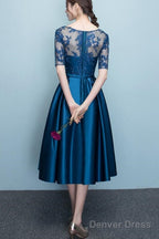 Lovely Blue Short Sleeves Lace And Satin Party Dress, Blue Homecoming Dresses