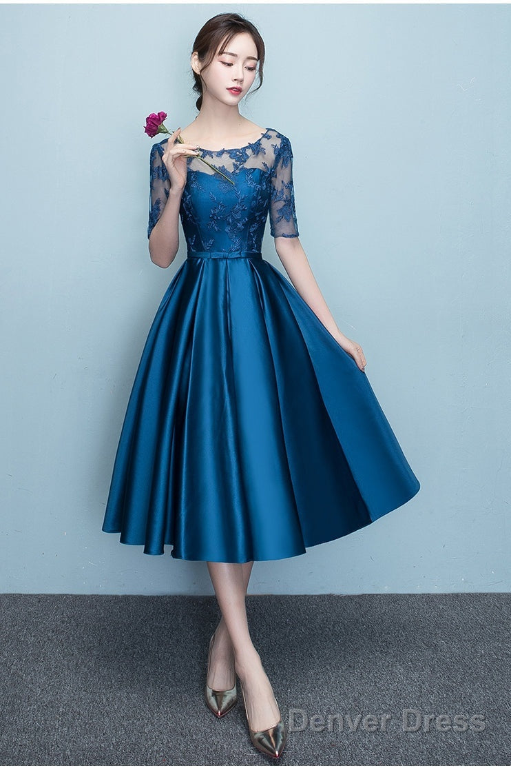Lovely Blue Short Sleeves Lace And Satin Party Dress, Blue Homecoming Dresses