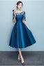 Lovely Blue Short Sleeves Lace And Satin Party Dress, Blue Homecoming Dresses