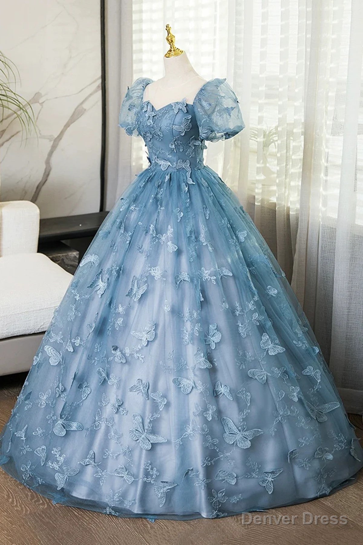 Lovely Blue Short Sleeves Long Party Dress With Butterfly Lace, Blue Prom Dress Secondary image