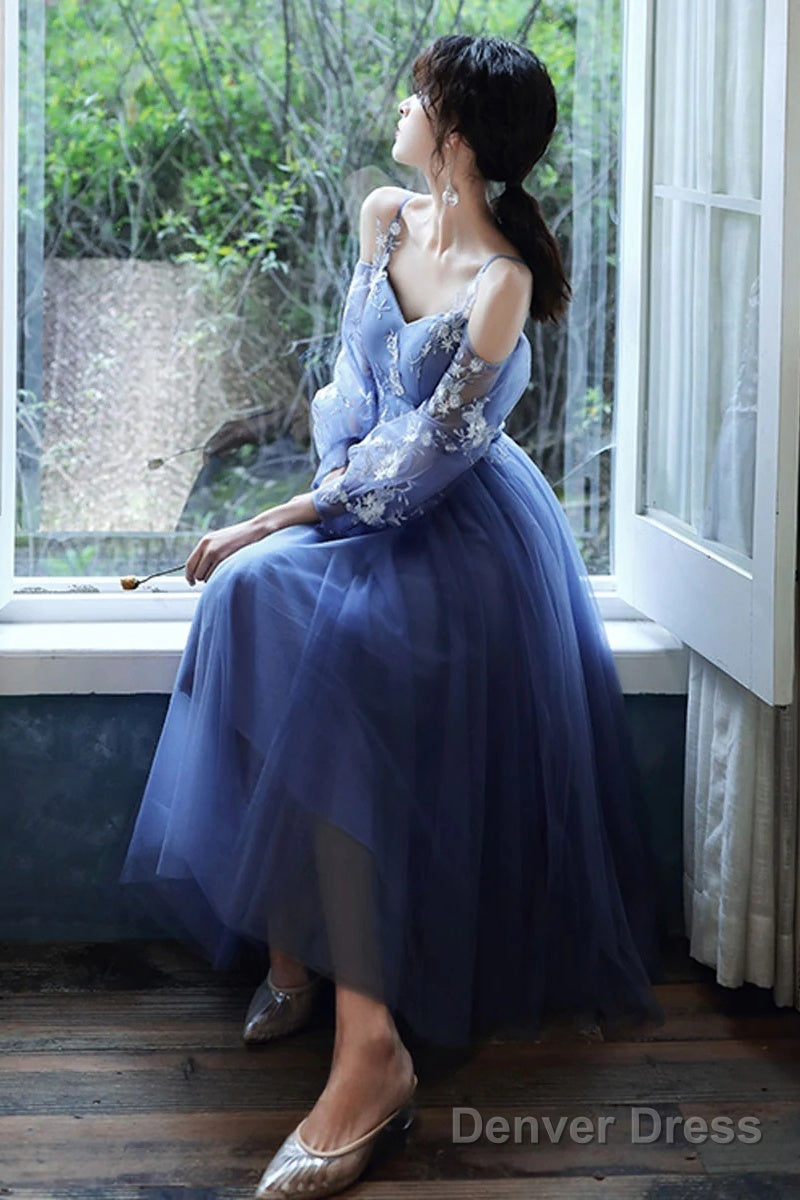 Lovely Blue Short Tea Length Prom Dress, Puffy Sleeves Tulle Prom Dresses Secondary image