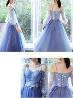 Lovely Blue Short Tea Length Prom Dress, Puffy Sleeves Tulle Prom Dresses