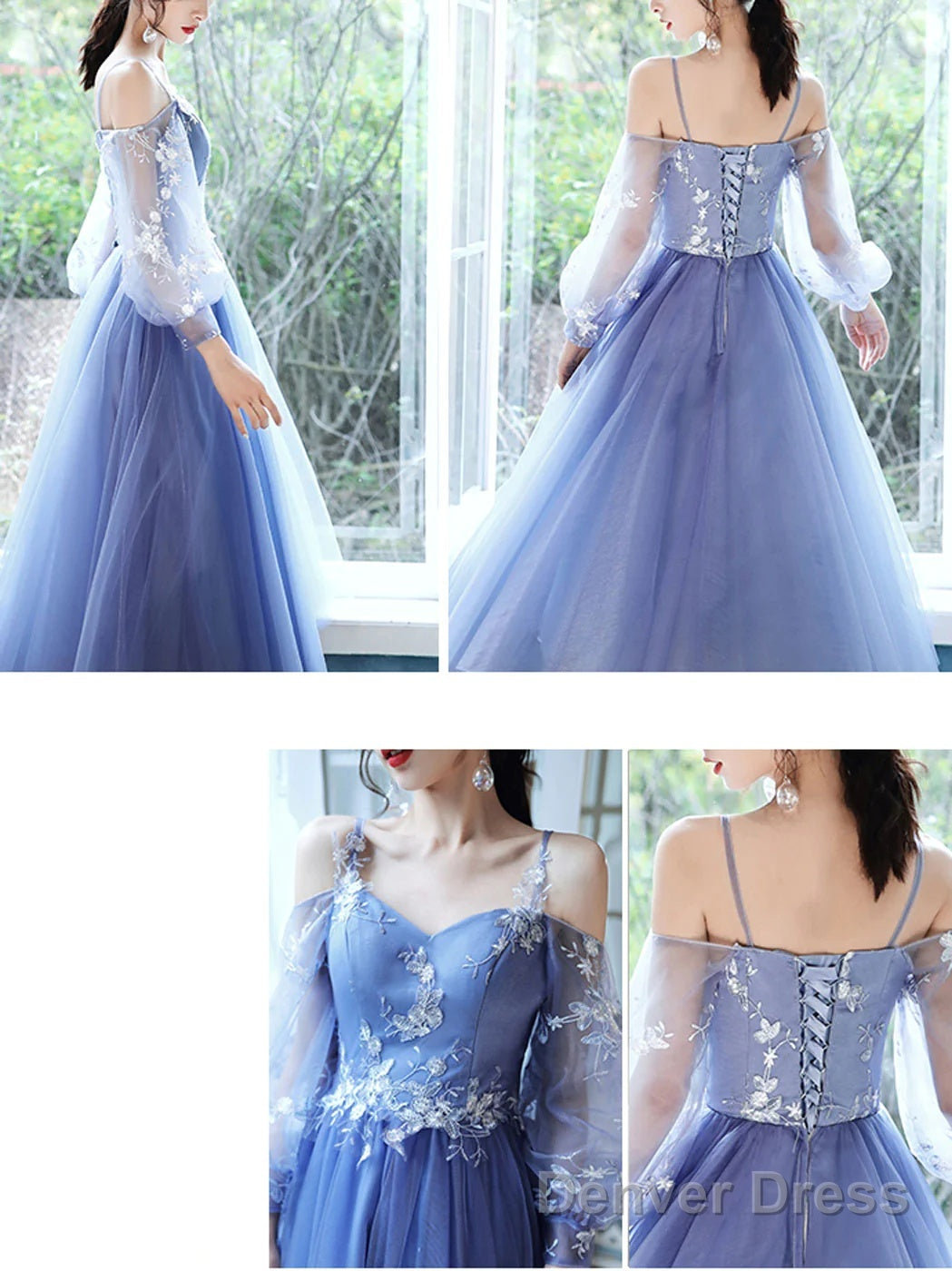 Lovely Blue Short Tea Length Prom Dress, Puffy Sleeves Tulle Prom Dresses