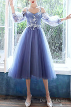 Lovely Blue Short Tea Length Prom Dress, Puffy Sleeves Tulle Prom Dresses