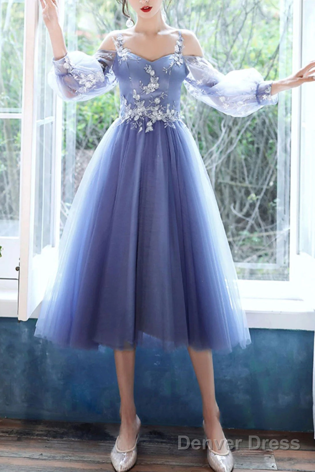 Lovely Blue Short Tea Length Prom Dress, Puffy Sleeves Tulle Prom Dresses