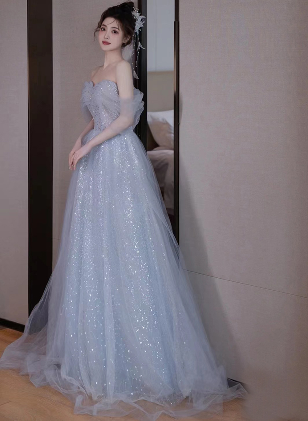 Lovely Blue Tulle Off Shoulder Beaded Prom Dress, A-Line Tulle Blue Wedding Prom Dresses