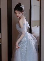 Lovely Blue Tulle Off Shoulder Beaded Prom Dress, A-Line Tulle Blue Wedding Prom Dresses