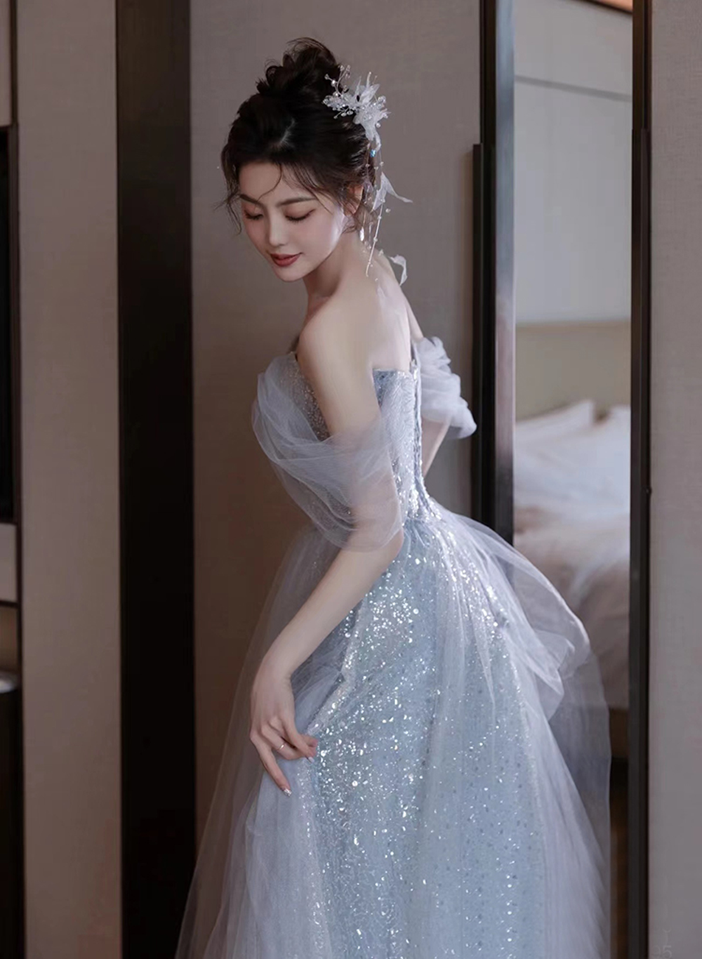 Lovely Blue Tulle Off Shoulder Beaded Prom Dress, A-Line Tulle Blue Wedding Prom Dresses