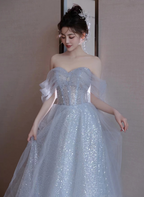 Lovely Blue Tulle Off Shoulder Beaded Prom Dress, A-Line Tulle Blue Wedding Prom Dresses
