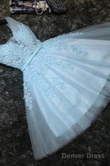 Lovely Blue Tulle V-Neckline Short Party Dress, Tulle With Lace Homecoming Dress