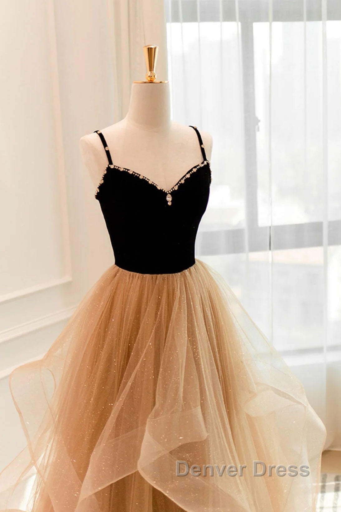 Lovely Champagne A-Line Beaded Strap Party Dresses, Tulle Layers Long Prom Dresses Secondary image