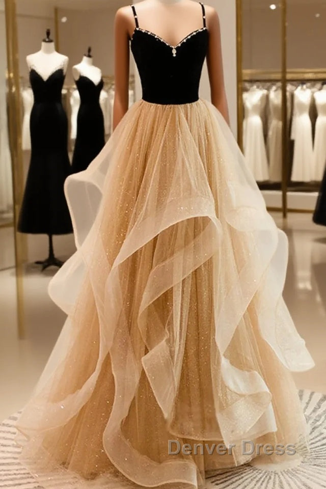 Lovely Champagne A-Line Beaded Strap Party Dresses, Tulle Layers Long Prom Dresses Main image