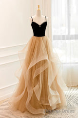 Lovely Champagne A-Line Beaded Strap Party Dress, Tulle Layers Long Prom Dress