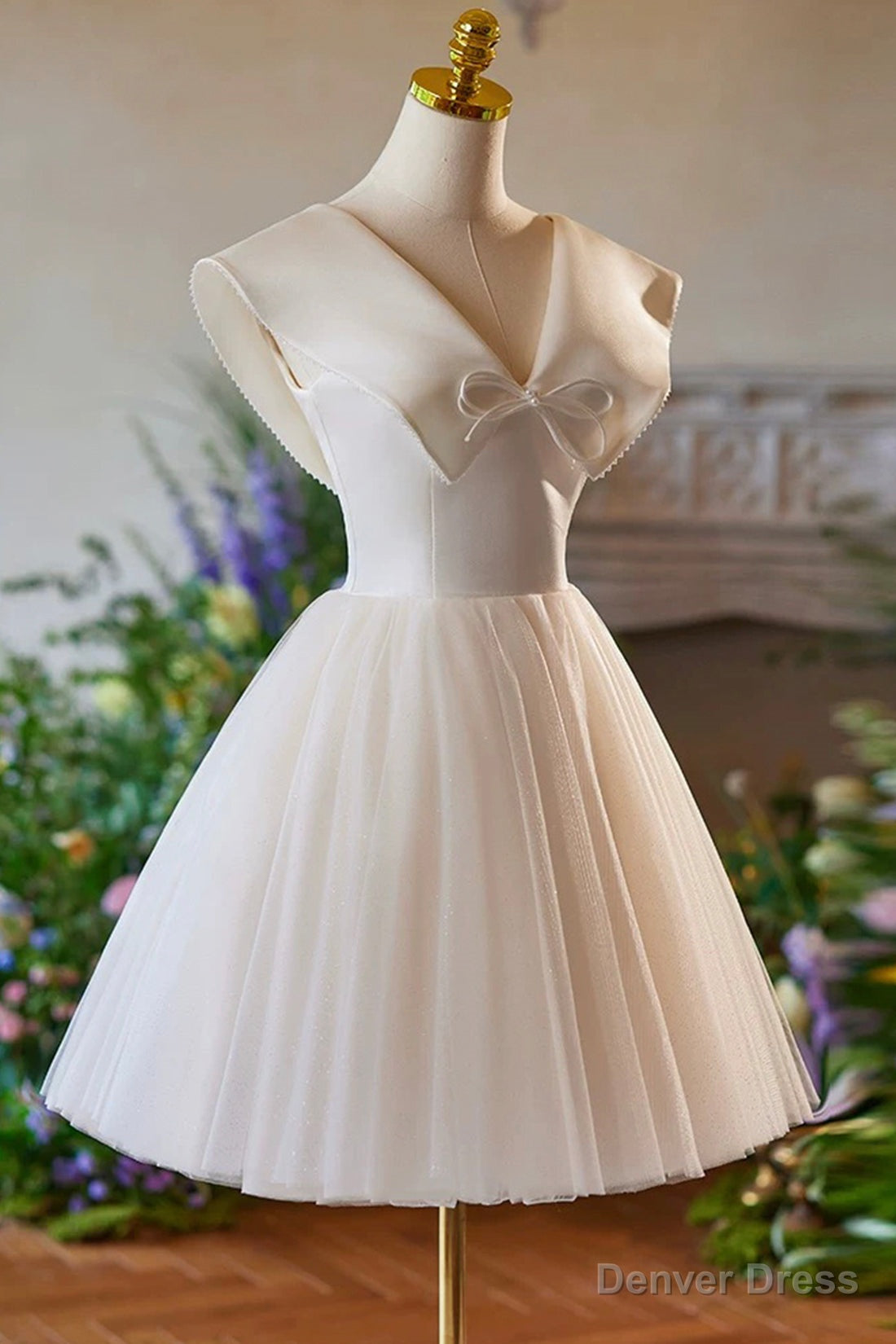 Lovely Champagne Knee Length Prom Dress, A Line V Neck Bow Sleeveless Backless Prom Dresses