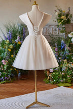 Lovely Champagne Knee Length Prom Dress, A Line V Neck Bow Sleeveless Backless Prom Dresses