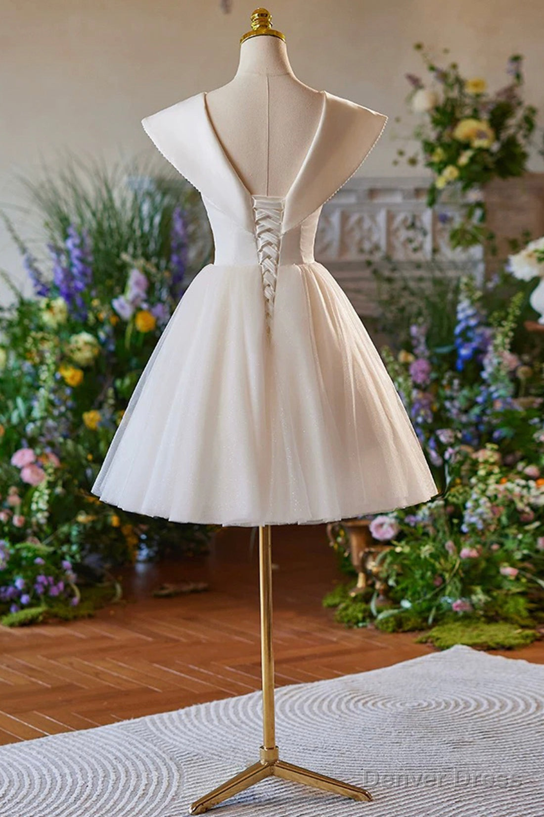 Lovely Champagne Knee Length Prom Dress, A Line V Neck Bow Sleeveless Backless Prom Dresses