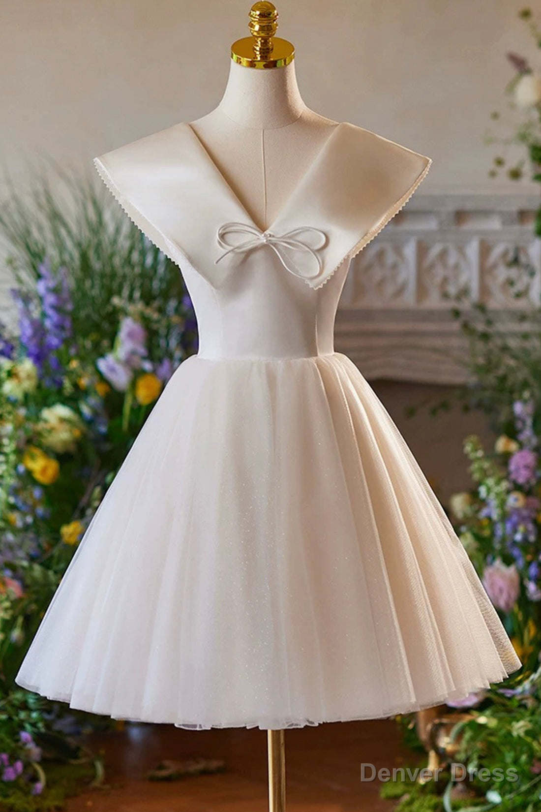 Lovely Champagne Knee Length Prom Dress, A Line V Neck Bow Sleeveless Backless Prom Dresses Main image