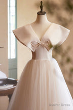 Lovely Champagne Long Prom Dress, A Line Princess V Neck Bow Sleeveless Backless Prom Dresses