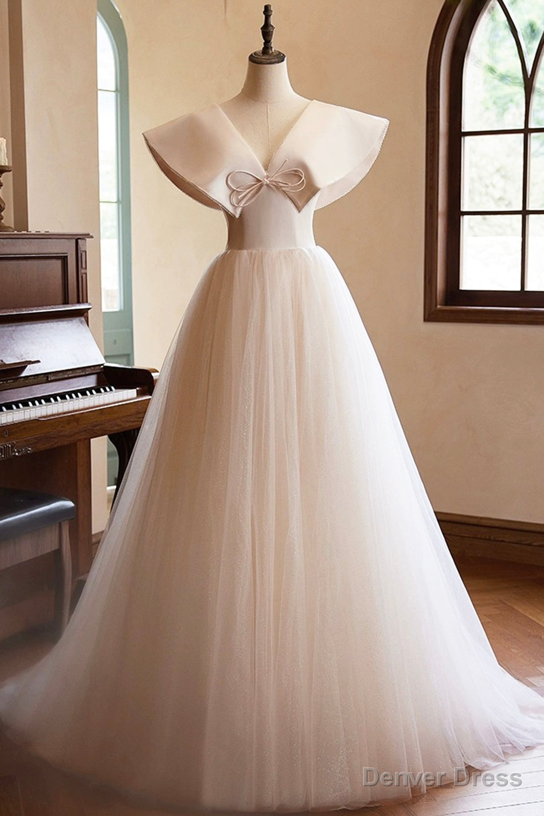 Lovely Champagne Long Prom Dress, A Line Princess V Neck Bow Sleeveless Backless Prom Dresses Main image