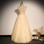 Lovely Champagne Sequins Long Party Dress, A-line Tulle Formal Dress